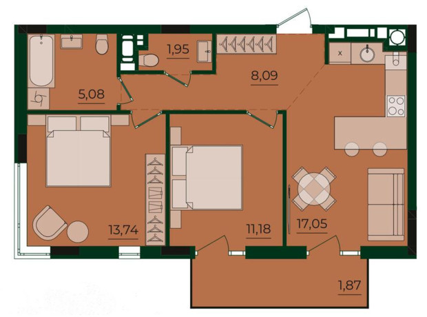 ЖК Svoї ParkHouse: планировка 2-комнатной квартиры 58.95 м²