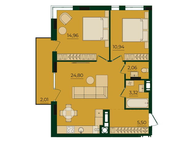 ЖК Svoї ParkHouse: планування 2-кімнатної квартири 63.59 м²