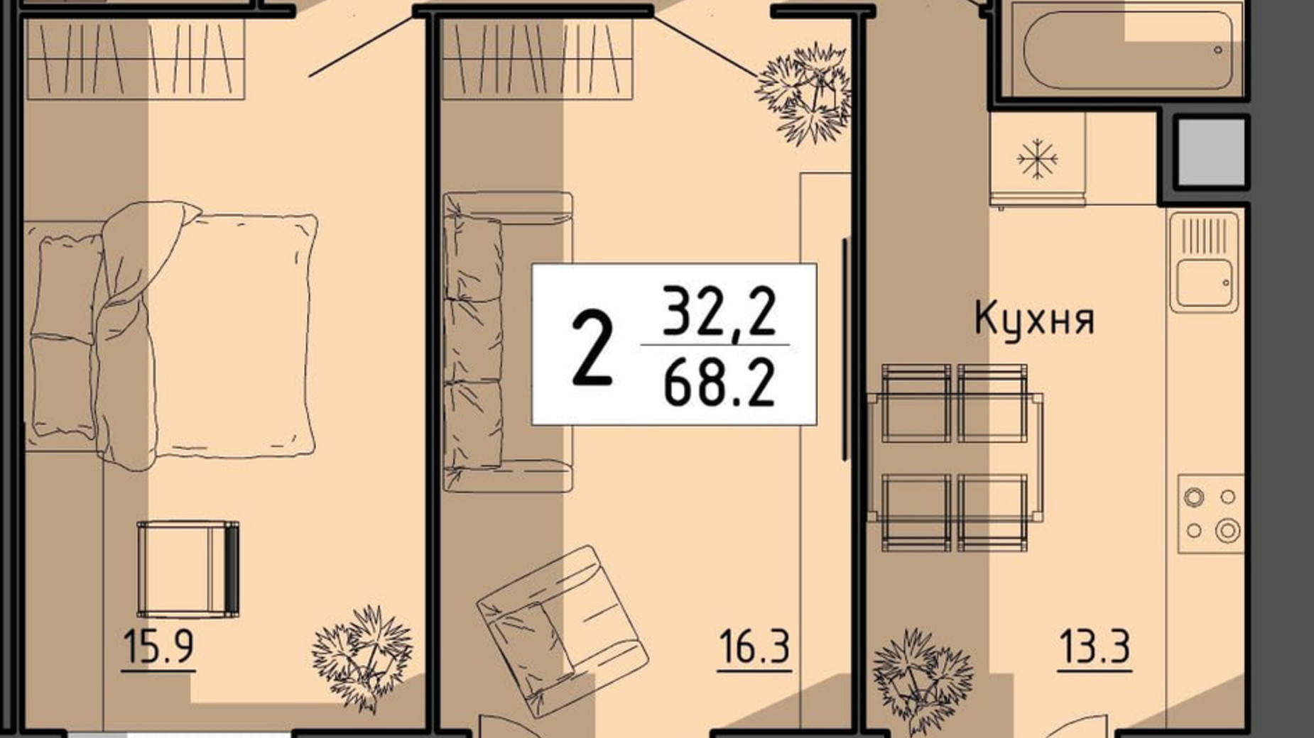 Планировка 2-комнатной квартиры в ЖК Файне місто 68.2 м², фото 663419