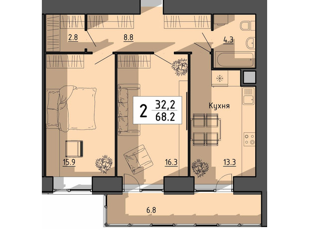 ЖК Файне місто: планировка 2-комнатной квартиры 68.2 м²