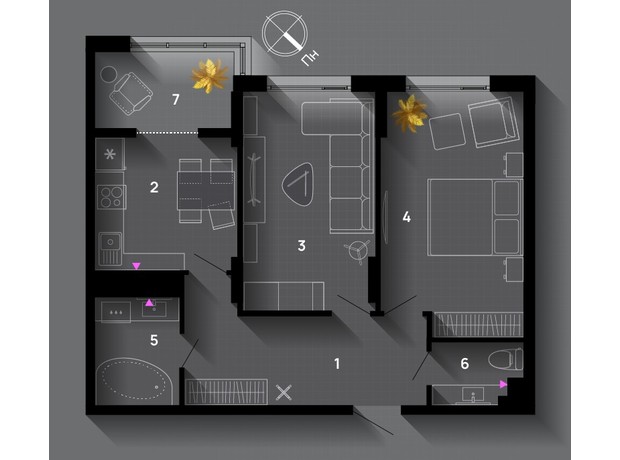 ЖК SkyGarden: планировка 2-комнатной квартиры 62 м²