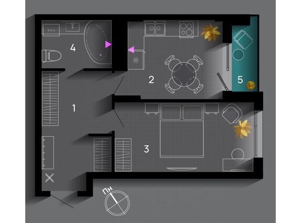 ЖК SkyGarden: планування 1-кімнатної квартири 44 м²