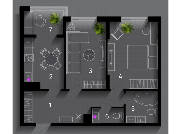 ЖК SkyGarden: планування 2-кімнатної квартири 63 м²