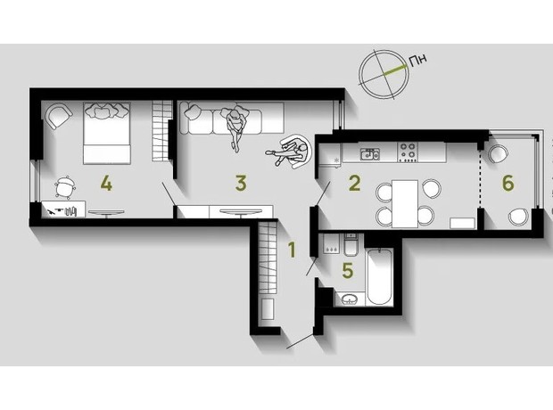 ЖК Union: планировка 2-комнатной квартиры 56 м²