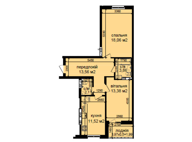 ЖК Кришталеві джерела: планування 2-кімнатної квартири 64.48 м²