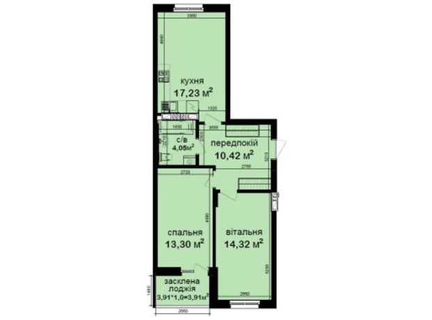 ЖК Кришталеві джерела: планування 2-кімнатної квартири 63.23 м²