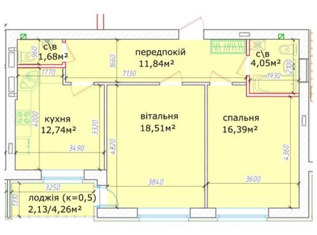 ЖК Кришталеві джерела: планування 2-кімнатної квартири 67.34 м²