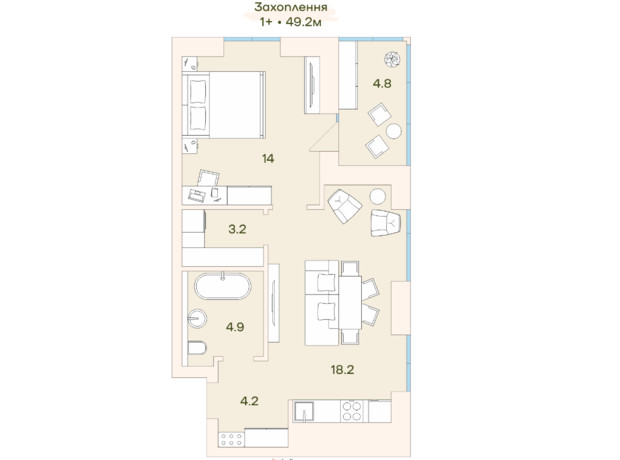 ЖК Ренесанс: планування 1-кімнатної квартири 49.2 м²