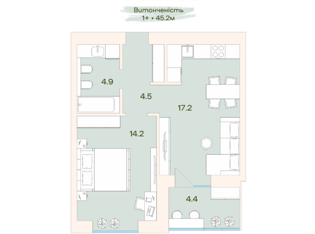 ЖК Ренесанс: планування 1-кімнатної квартири 45.2 м²