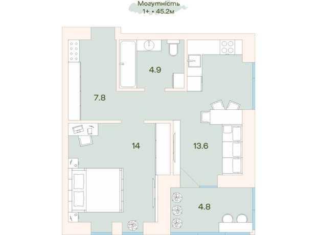 ЖК Ренессанс: планировка 1-комнатной квартиры 46.8 м²