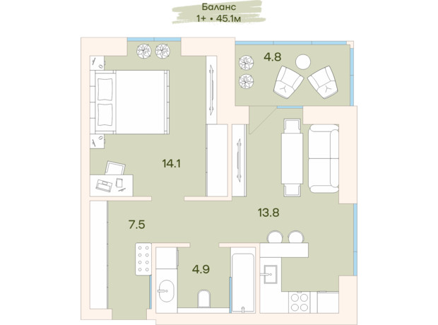 ЖК Ренессанс: планировка 1-комнатной квартиры 45.1 м²