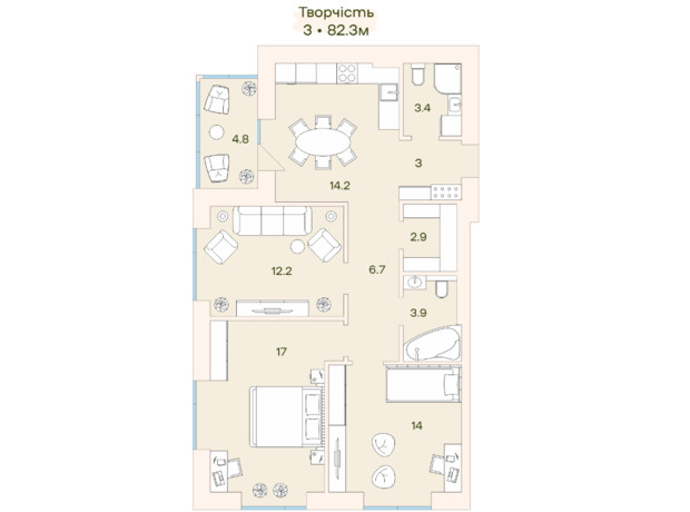 ЖК Ренессанс: планировка 3-комнатной квартиры 82.3 м²