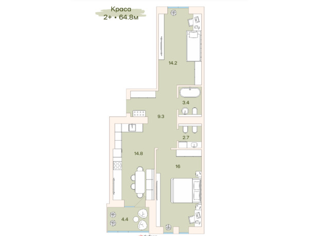 ЖК Ренессанс: планировка 2-комнатной квартиры 64.8 м²