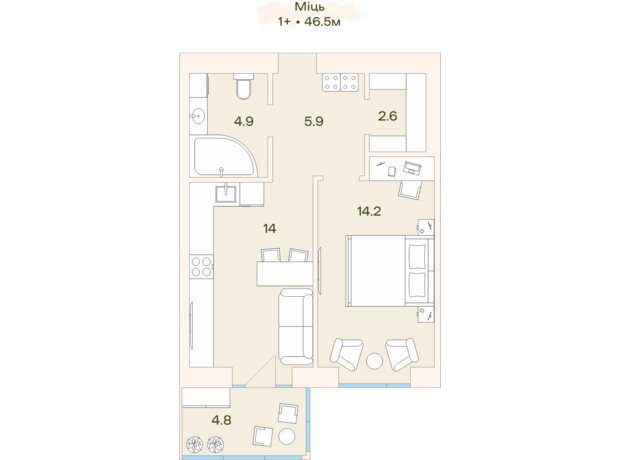 ЖК Ренессанс: планировка 1-комнатной квартиры 46.1 м²