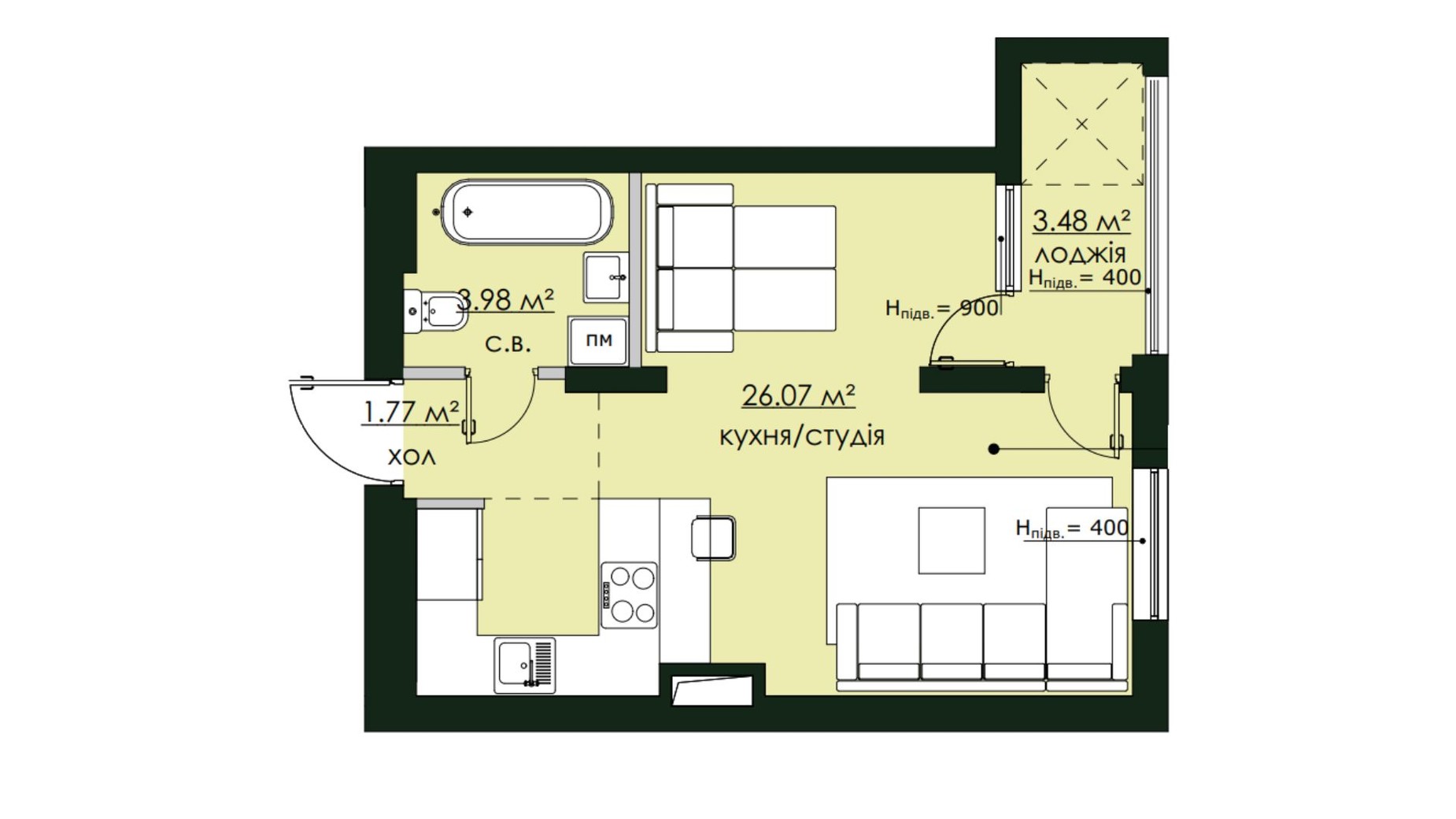 Планировка 1-комнатной квартиры в ЖК Бетховен 35.3 м², фото 664098