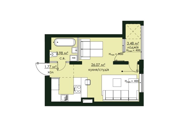 ЖК Бетховен: планування 1-кімнатної квартири 35.3 м²