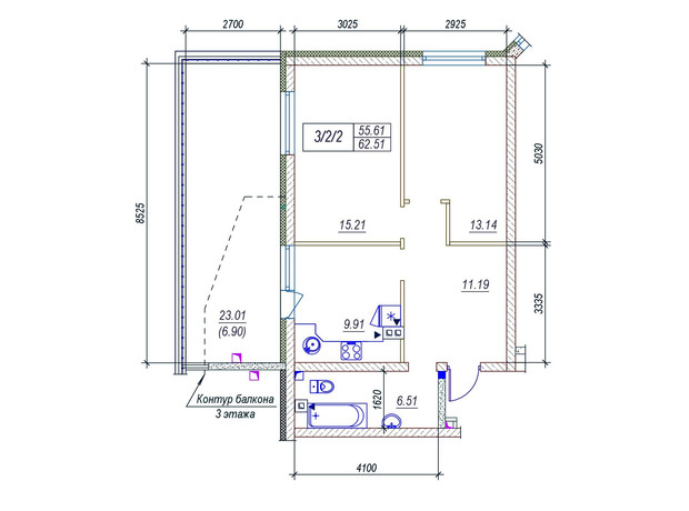 ЖК Удобный: планировка 2-комнатной квартиры 62.51 м²