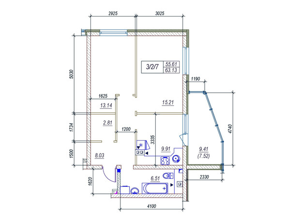 ЖК Удобный: планировка 2-комнатной квартиры 63.13 м²