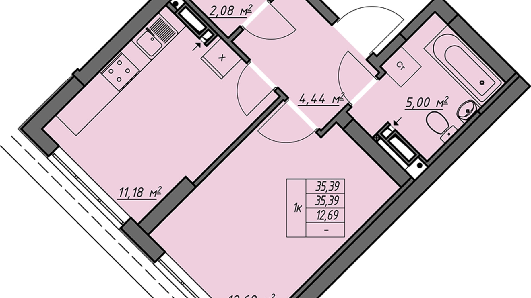 Планировка 1-комнатной квартиры в ЖК Одесские традиции 35.39 м², фото 664588