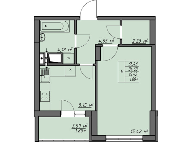 ЖК Одеські традиції: планування 1-кімнатної квартири 36.43 м²