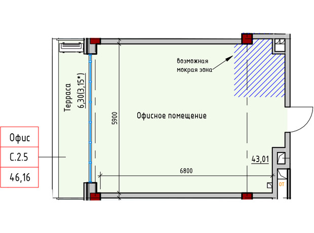 ЖК Пространство на Софиевской: планировка помощения 48.01 м²