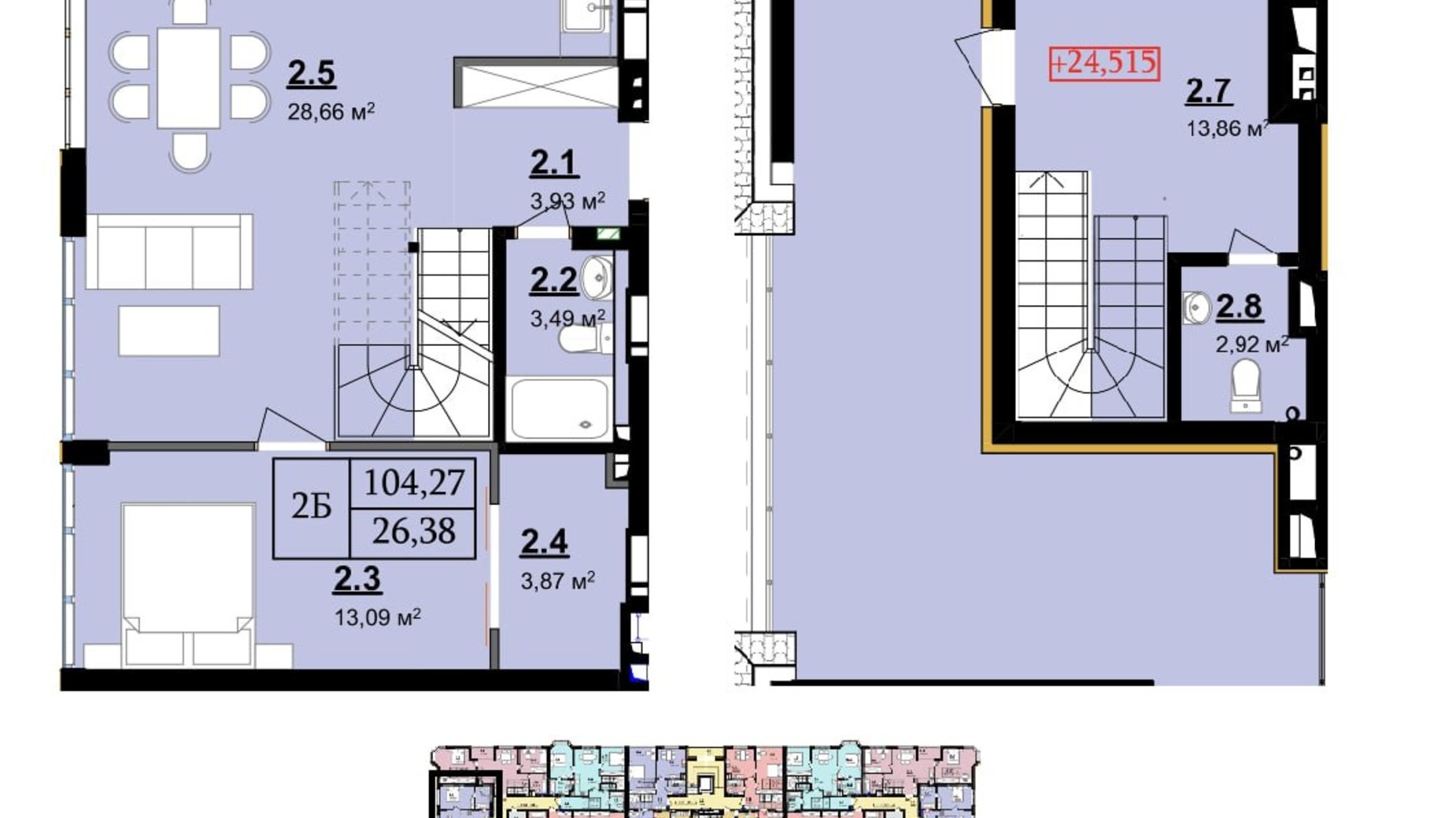 Планировка много­уровневой квартиры в ЖК 7я 104.27 м², фото 665198