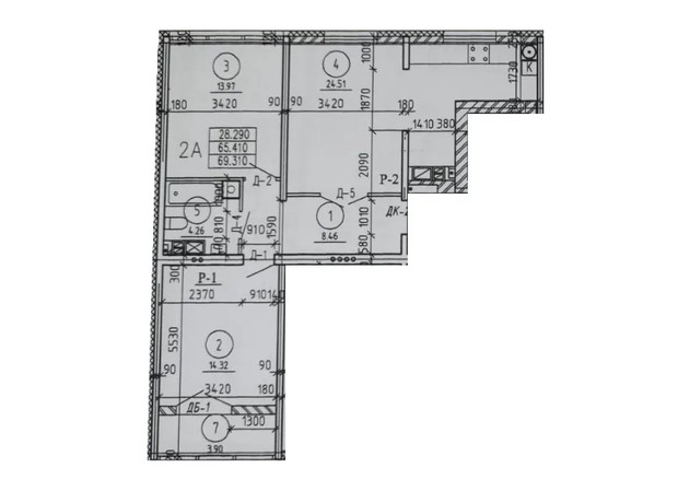 ЖК Вишневий: планування 2-кімнатної квартири 69.31 м²
