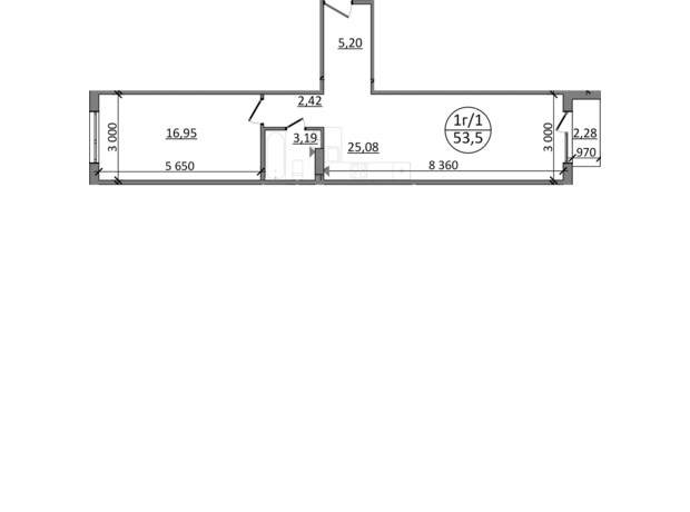 ЖК Парксайд: планування 1-кімнатної квартири 53.3 м²