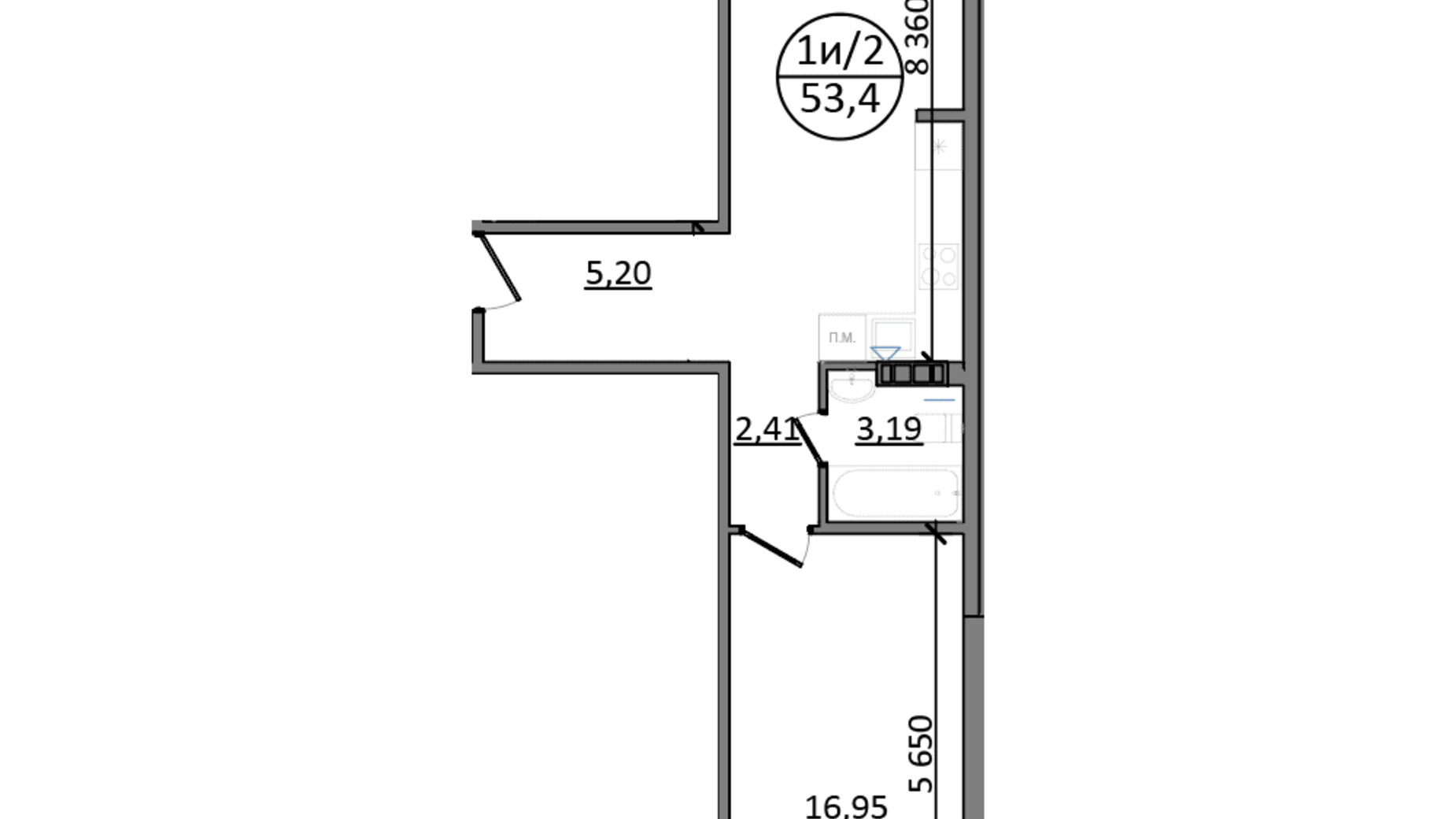 Планування 1-кімнатної квартири в ЖК Парксайд 53.4 м², фото 665319