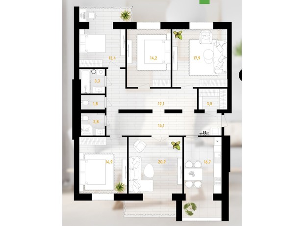 ЖК Нова Будова-2: планировка 5-комнатной квартиры 142.2 м²