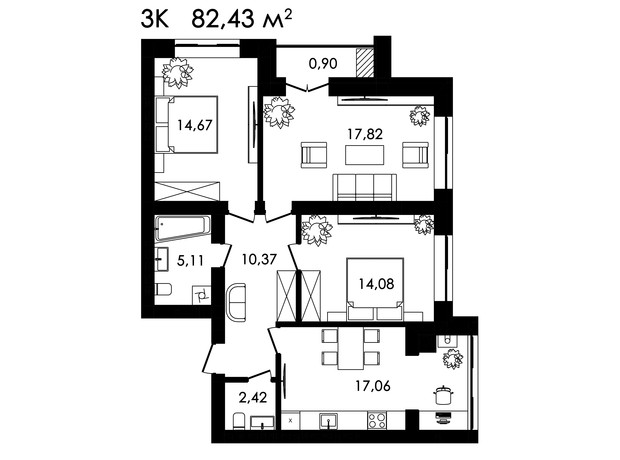 ЖК Нова Будова-2: планування 3-кімнатної квартири 82.43 м²