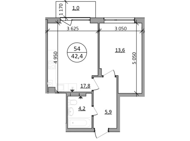 ЖК Гринвуд-2: планировка 1-комнатной квартиры 42.4 м²