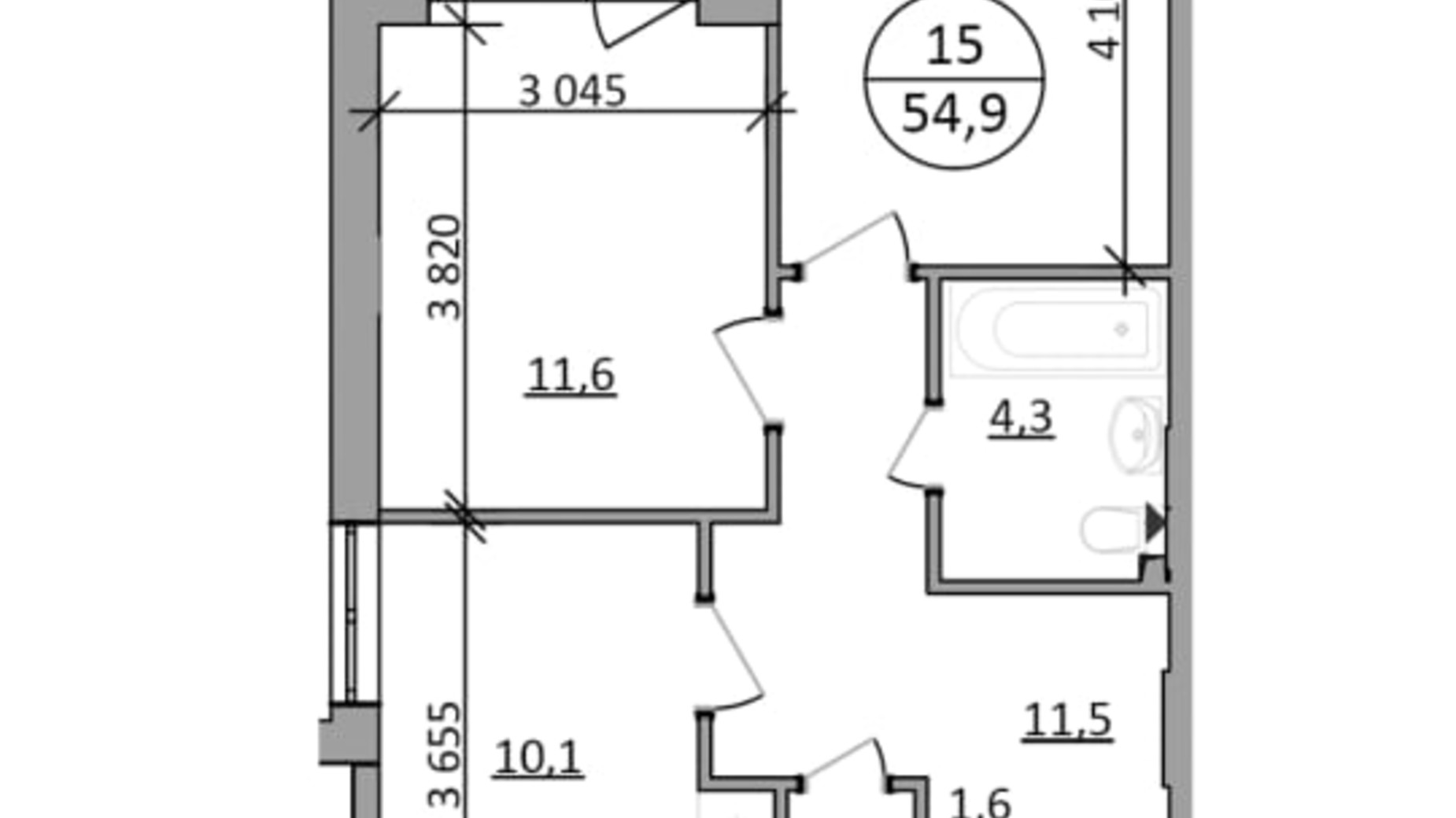 Планировка 1-комнатной квартиры в ЖК Гринвуд-2 54.9 м², фото 665409