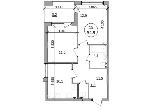 ЖК Грінвуд-2: планування 1-кімнатної квартири 54.9 м²