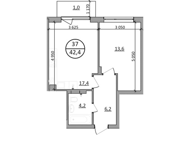 ЖК Гринвуд-2: планировка 1-комнатной квартиры 42.4 м²