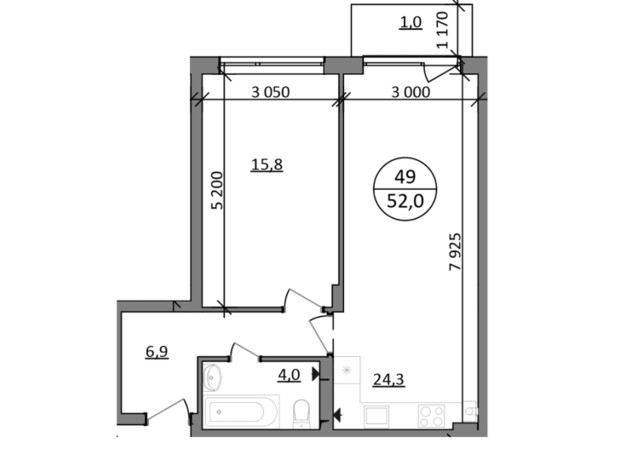 ЖК Грінвуд-2: планування 1-кімнатної квартири 52 м²