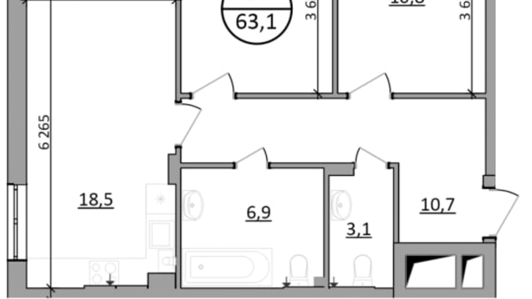 Планування 2-кімнатної квартири в ЖК Грінвуд-2 63.1 м², фото 665413