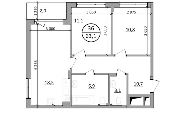 ЖК Грінвуд-2: планування 2-кімнатної квартири 63.1 м²