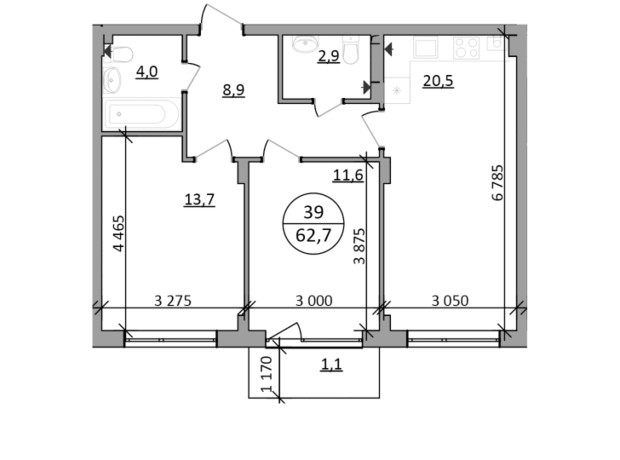 ЖК Гринвуд-2: планировка 2-комнатной квартиры 62.7 м²