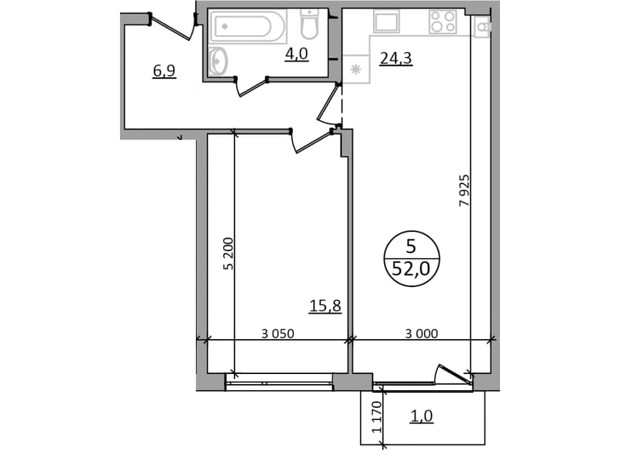 ЖК Гринвуд-2: планировка 1-комнатной квартиры 52 м²