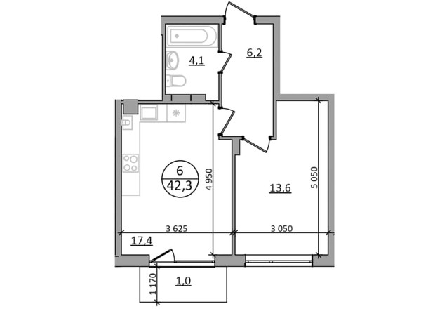 ЖК Гринвуд-2: планировка 1-комнатной квартиры 42.3 м²