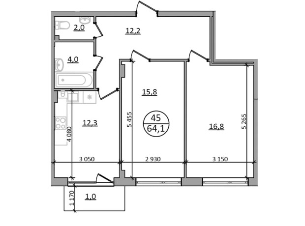 ЖК Грінвуд-2: планування 2-кімнатної квартири 64.1 м²