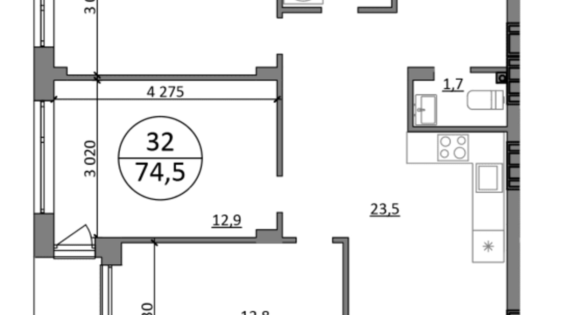 Планировка 3-комнатной квартиры в ЖК Гринвуд-4 64.5 м², фото 665576