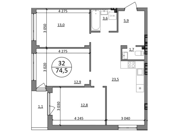 ЖК Гринвуд-4: планировка 3-комнатной квартиры 64.5 м²