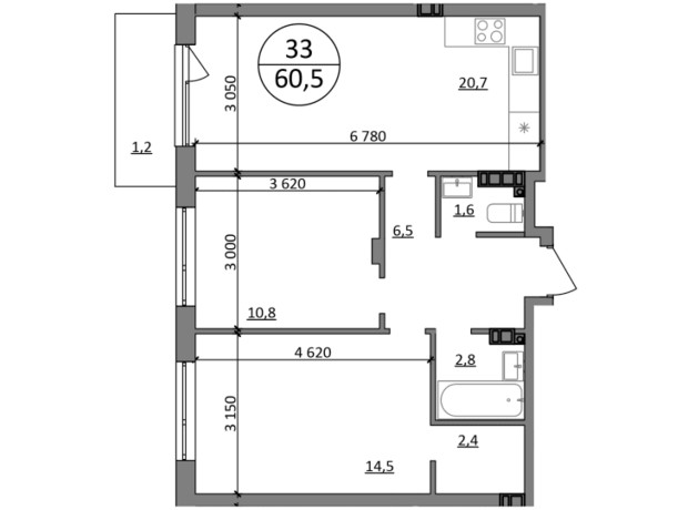 ЖК Грінвуд-4 : планування 2-кімнатної квартири 60.5 м²