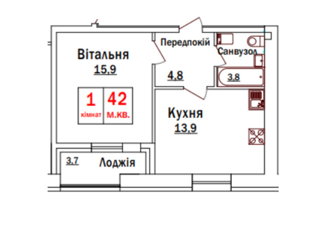 ЖК Green Street: планировка 1-комнатной квартиры 42 м²