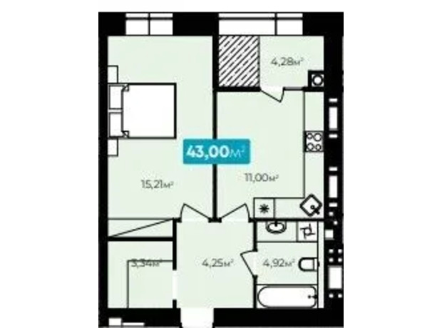 ЖК Spring Town New Rivier : планування 1-кімнатної квартири 43 м²