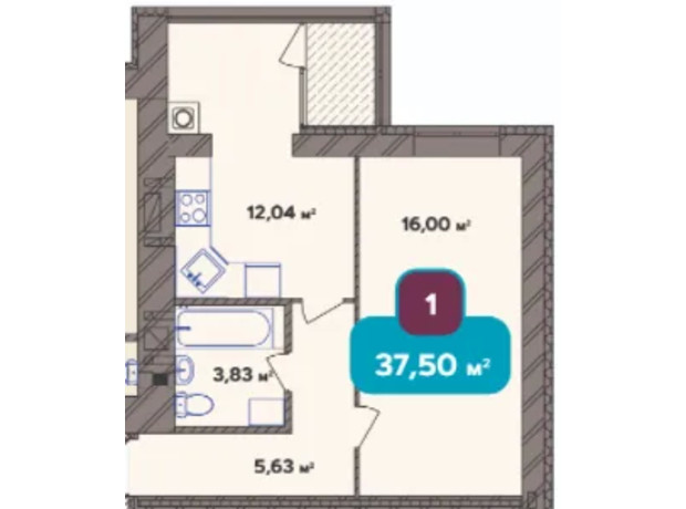 ЖК Spring Town New Rivier : планировка 1-комнатной квартиры 37.5 м²