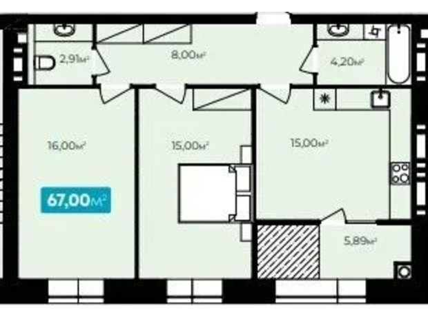 ЖК Spring Town New Rivier : планировка 2-комнатной квартиры 67 м²
