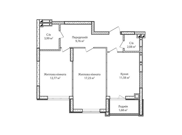 ЖК Синергия Сити (Kvartal Group): планировка 2-комнатной квартиры 59.7 м²